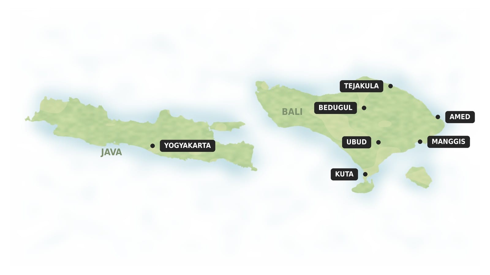 Carte du circuit Java et Bali en famille avec les sept étapes du voyage