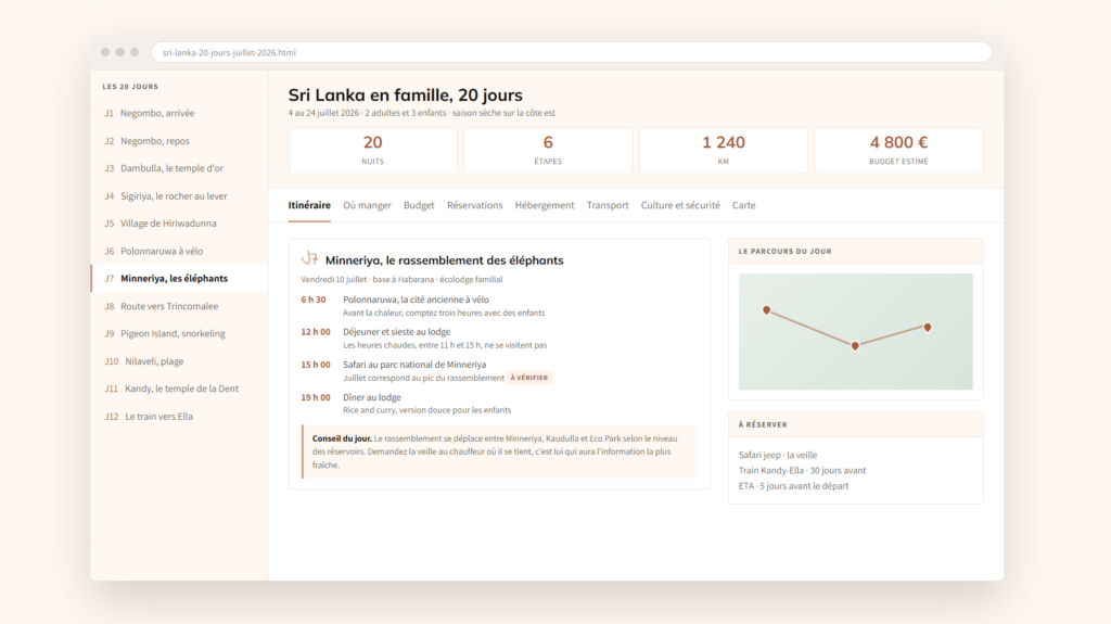 L'application de voyage ouverte sur ordinateur, avec la liste des 20 jours