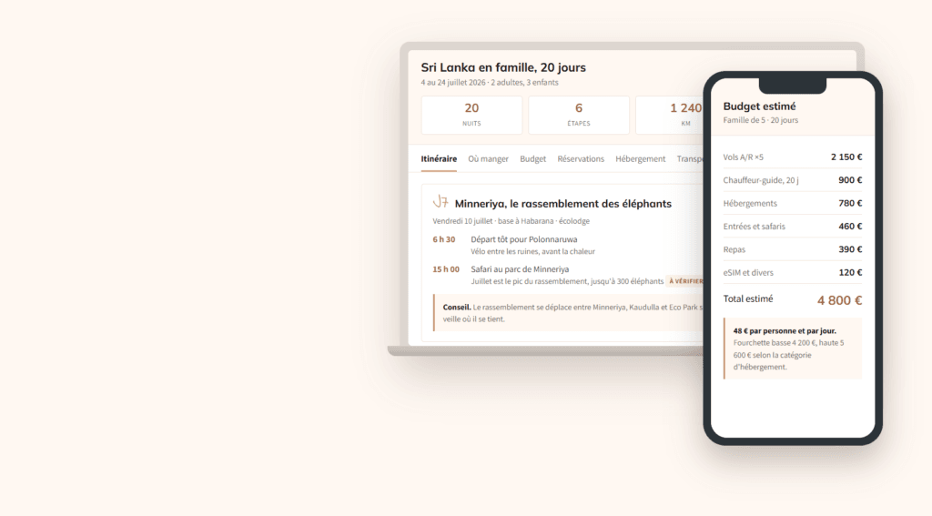 L’application de voyage générée par notre prompt, sur ordinateur et sur téléphone