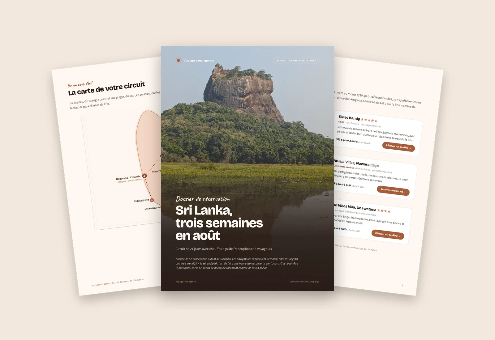 Aperçu d’un dossier de réservation : couverture, carte de l’itinéraire et sélection d’hôtels